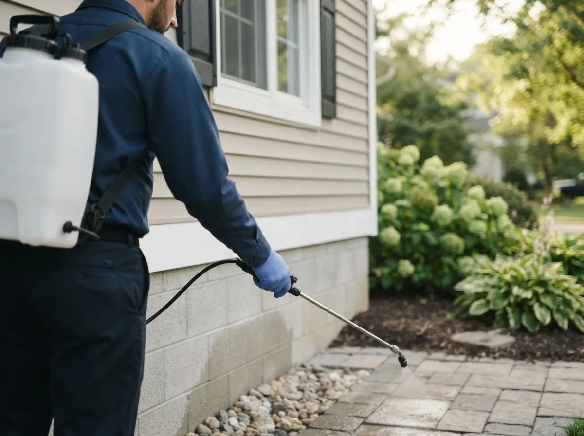 Pest control technician inspecting a home in Fruitport, MI